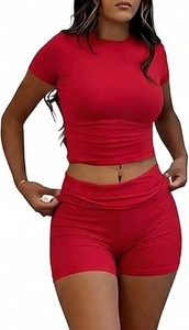 <b>Red</b> Knitted <b>Crop</b> <b>Top</b> And Shorts Set Crew Neck Solid Color Casual Summer Outfit For Women Above Knee Length Regular Fit - Product Image 4