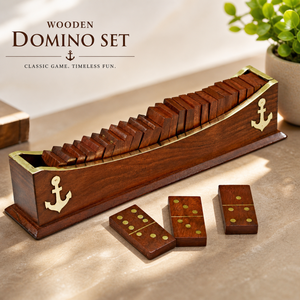 Handmade Indian Rosewood Dominoes Tray with 28 Dominoes | Wooden Game Set Brass Inlay | Luxury Storage Display Case Organizer - Product Image 1