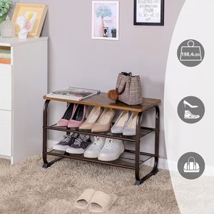 Industrial 3-Tier Shoe Rack <b>Bench</b> with Wood Top and Steel Frame, Entryway Storage Shelf for Hallway and Living Room - Product Image 6