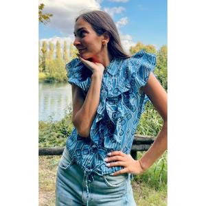 Blusa Boho de Algodón Estampada Azul para Mujer con Mangas con Volantes en Capas, Top de Verano Suave y Transpirable - Product Image 3