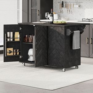 Isola da Cucina Larga 130 cm con Strisce Ondulate 3D, Impiallacciatura in Frassino, Stile Rustico con Ripiano Estraibile e Scaffale Interno - Product Image 2