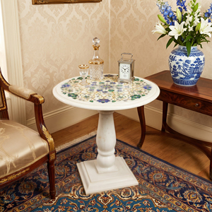 Mesa de Pulpete de Mármol Blanco con Patrón Floral Incrustado, Mesa con Pedestal de Piedra Pulida para Decoración de Comedor - Product Image 3