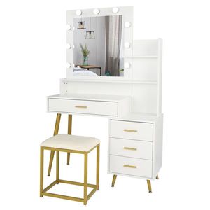 Grande Set Toeletta Trucco con 9 Luci LED, Sgabello Imbottito, 3 Ripiani Contenitori, 4 Cassetti, Tavolo da Trucco e Comò - Product Image 2
