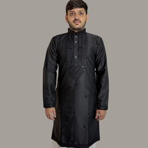 Elegant Black Color <b>Mens</b> Ethnic Wear <b>Kurta</b> Shiny Malai Satin Tonal Silk Thread Work Jet Black Beads Traditional Wedding Outfit - Product Image 1