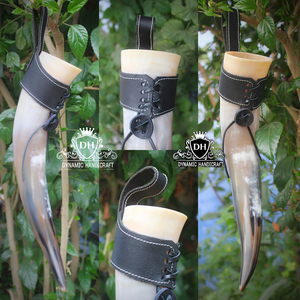 Chope à bière en corne de buffle polie, style Fête Viking, faite à la main, durable, avec support en cuir sculpté motif guerrier nordique antique, 300-500 ml, souvenir pour la maison - Product Image 2