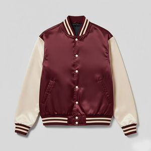 Veste de sport en satin bordeaux pour homme, manches crème, fermeture boutonnée, style preppy, vêtement d'automne - Product Image 1