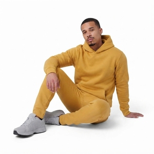 Ensemble de survêtement en molleton jaune moutarde pour homme, sweat-shirt et pantalon décontractés à capuche, couleur unie, 100% coton, séchage rapide, hiver - Product Image 2