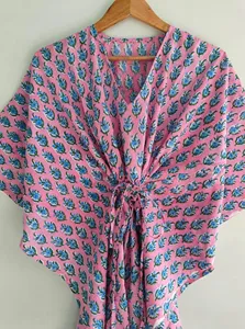 Robe longue kaftan rose à imprimé floral fait main pour femme, col en V, coupe ample, en coton, style bohème, pour l'été - Product Image 5