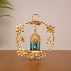 Lanterne Couronne Métallique Dorée avec Porte-Bougie en Verre Bleu pour Bougie Chauffe-Plat – Décoration Maison Durable et Résistante à la Chaleur – Lumière Festive de Pâques - Product Image 2