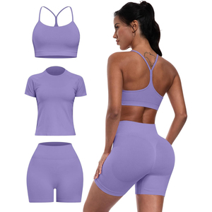 Conjunto de Yoga de 3 Piezas: Shorts de Cintura Alta, Sujetador Deportivo Racerback, Top Corto Sin Costuras, Ropa Deportiva de Color Sólido - Product Image 6