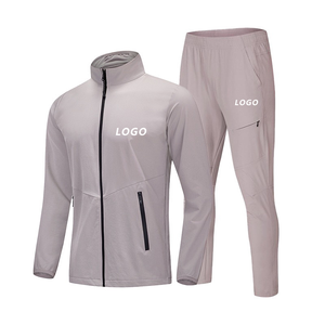Man Solid Gray Tracksuit Set Full <b>Zip</b> Stand Collar Long Sleeve Sporty Quick Dry Polyester Athletic <b>Joggers</b> with Side <b>Pockets</b> - Product Image 1