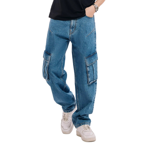 Vaqueros Cargo de Mezclilla Lavada para Hombre, Cintura Media, Estilo Y2K, Verano, Otoño, Invierno, Corte Holgado Casual, Estilo Bootcut, Hip Hop, Lavado Arena, Secado Rápido - Product Image 4