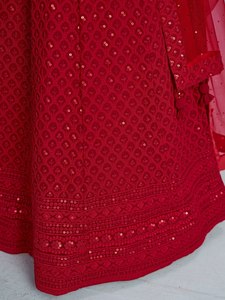 Vestido de Dama de Honor Rojo de Georgette con Lentejuelas Resham Bordadas, Traje de Fiesta de Boda para Mujer - Product Image 5