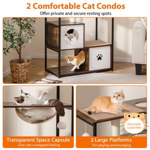 Elegante Tiragraffi per Gatti in Legno e Metallo con Capacità di 15 kg, 2 Cucce Private e 2 Piattaforme Relax, Complementa l'Arredamento della Stanza - Product Image 3