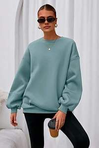 เสื้อสเวตเชิ้ตไหมพรมแขนยาวคอกลมทรงโอเวอร์ไซส์สำหรับผู้หญิง สีเบจล้วน สวมใส่ในฤดูใบไม้ร่วง ผลิตจากผ้าฝ้าย 100% ระบายอากาศได้ดี ทรงไหล่ตก - Product Image 3