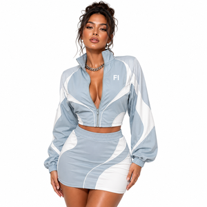 Conjunto de dos piezas de nailon para mujer, con chaqueta corta con cremallera y minifalda, diseño de bloques de color, OEM del fabricante, con logotipo personalizado, chaquetas para hombre - Product Image 1