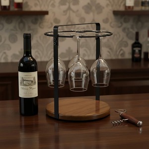 ชั้นวางแก้วไวน์แบบตั้งพื้นสไตล์โมเดิร์นอินดัสเทรียลสีดำ ทำจากโลหะและไม้ ดีไซน์เรียบง่ายสไตล์บ้านไร่ - Product Image 6