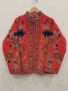 Red Velvet Embroidered Women's Blazer <b>Mandarin</b> <b>Collar</b> Floral Pattern Handmade Winter Outerwear Thick Cotton Filled - Product Image 1
