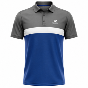 Polo Homme RONAL SPORTS à Blocs de Couleurs, Manches Courtes, Séchage Rapide, en Polyester Tricoté, Design Sportif, Logo Avant, Bleu Gris Blanc - Product Image 1