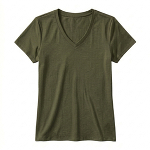 T-shirt pour femme à col en V, double couture de qualité industrielle, uni, avec logo de marque personnalisé imprimé, vêtements de sport pour femmes - Product Image 1