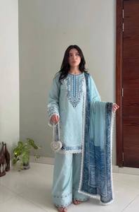 Blue Embroidered Woven <b>Women</b> Salwar Kameez 2-Piece Set Long <b>Coat</b> Palazzo Pants Traditional Outfit for Party Wedding - Product Image 4