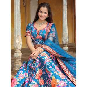 Excepcional azul floral impreso arte seda boda Lehenga Choli - Product Image 4