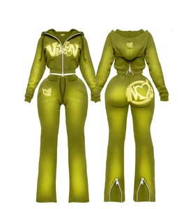 Conjunto de Chándal de Dos Piezas con Sudadera con Cremallera Completa y Pantalones Acampanados Apilados, Estampado Personalizado de Algodón, Unisex para Mujer - Product Image 2