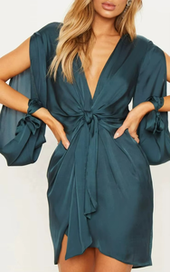 Vestido Mini Sexy de Manga Larga con Escote Profundo en V para Mujer, Vestido de Fiesta de Satén con Cordones - Product Image 5