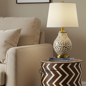 Mesa Auxiliar de 2 Cajones con Incrustaciones de Hueso y Patrón Chevron, Hecha a Mano y Ecológica, Mesita de Noche Moderna de Madera para Dormitorio o Sala de Estar - Product Image 4