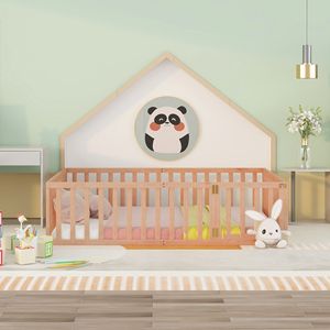 Letto a terra in legno naturale Queen Size per bambini con recinzione e porta (Vecchio SKU WF289663AAM) - Product Image 2