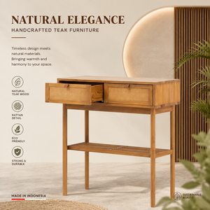 Hotel Console <b>Table</b> Natural Teak Wood <b>Rattan</b> Cane Storage Cabinet for Resort Villa Restaurant Hospitality Contract Furniture - Product Image 1
