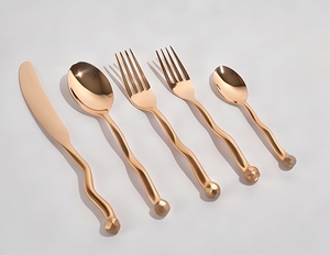 Ensemble de couverts modernes en or rose, 5 pièces (couteau, fourchette, cuillère), lavable au lave-vaisselle, finition miroir haute brillance, résistant à la rouille, pour la cuisine - Product Image 1