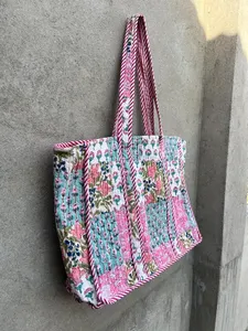 Handmade Large Cotton Tote <b>Bag</b> for Women <b>Patchwork</b> Quilted Design Block Print Zip for Beach Shopping Travel Personalised Gift - Product Image 5
