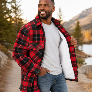 Wholesale New Custom Denim <b>Mens</b> Red Black Plaid Sherpa Lined Winter <b>Jacket</b> Zip Front Casual <b>Warm</b> Flannel Dyed Breathable Custom - Product Image 4
