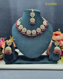 Flower Designer <b>Link</b> Necklace Set With Earrings & Tika Crystal Beaded Droplets Fashion <b>Jewellery</b> Set Festive Wear <b>Jewellery</b> Sets - Product Image 4