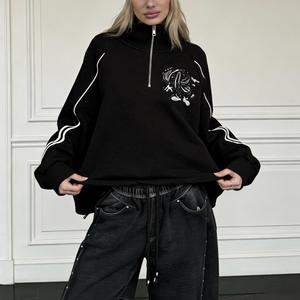 Sweat-shirt oversize streetwear à demi-zip avec broderie et passepoil contrastant 100% coton – Haut décontracté pour l'hiver et le quotidien - Product Image 1
