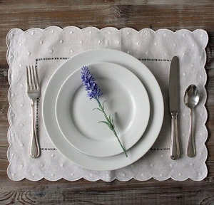Custom Wholesale Embroidered White Dots <b>Placemats</b> Napkins Sets Linen Scallop Border Mat Washable Reusable Mats Home Events - Product Image 2