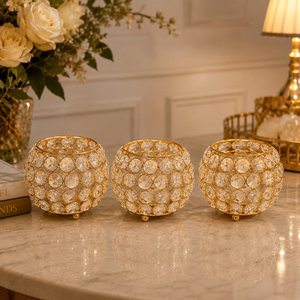 Elegant Crystal <b>Tealight</b> <b>Candle</b> Stand Set of 3 – Gold Finish Votive Holders for Wedding, Diwali & Christmas Decor - Product Image 1