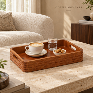 Plateau de service rectangulaire moderne en bois de qualité supérieure |   Bords latéraux texturés surélevés, poignées intégrées, multifonctionnel pour café, thé, collations - Product Image 3