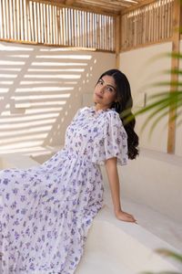 Robe midi en mousseline à imprimé floral, col en V, manches volantées, coupe trapèze ample, style bohème décontracté pour femme, pièce élégante pour l'été - Product Image 2