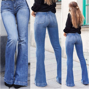 Pantalon évasé tendance Muzamin pour femme, taille mi-haute, coupe classique, jean bleu pleine longueur avec poches, style vintage urbain - Product Image 5
