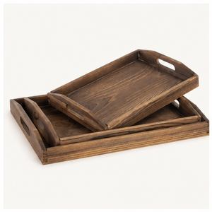 Handcrafted Rustic Dark Brown Wooden Serving Tray <b>Set</b> Of 2 <b>Nesting</b> Rectangular Wood Platters With Cutout Handles <b>Coffee</b> <b>Table</b> - Product Image 1