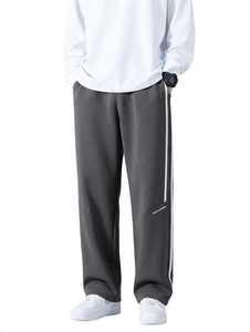 Pantalones Deportivos Anchos Gris Oscuro para Hombre con Franja Lateral Blanca, Estilo Urbano, Casual, Corte Recto - Product Image 3