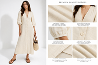 Robe de club pour femme vintage, modeste, à manches bouffantes, en lin/coton, col en V boutonné, coupe droite, unie, respirante, écologique, motif dessiné à la main