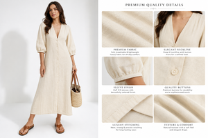 Puff Sleeve Linen/Cotton Modest V Neck Button Straight Solid Breathable Eco-Friendly Women's <b>Beach</b> <b>Kaftan</b> Dress Side Pockets - Product Image 6