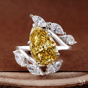 Fancy Vivid Yellow Pear Lab Diamond <b>Ring</b> 5.22 Ct IGI Certified <b>Nature</b> <b>Inspired</b> Statement <b>Ring</b> - Product Image 1