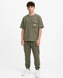 Conjunto Deportivo Casual de Invierno para Hombre, Color Verde Oliva, 100% Algodón Lavado, Camiseta de Manga Corta con Cuello Redondo, Pantalones Jogger, Corte Holgado - Product Image 2