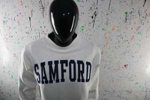 SAMFORD WHITE <b>Mock</b> <b>Neck</b> Sweatshirt 100% NAVY BLUE Applique Embroidery wide <b>neck</b> Sweatshirt Finer Threads - Product Image 6
