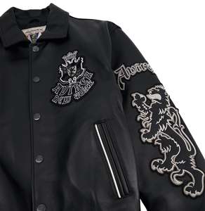 Avirex Men's Black Leather Bomber <b>Jacket</b> Embroidered Crest Front Button Regular Fit Turn-down Collar Streetwear <b>Winter</b> <b>Jacket</b> - Product Image 3