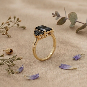 14K 18K Gold Black Onyx Emerald Cut Statement <b>Ring</b> Vintage Art Deco Cocktail <b>Ring</b> for Women - Product Image 3